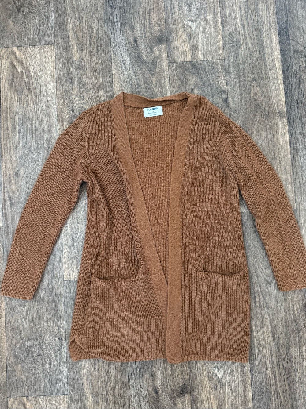 Old Navy Women's Brown Rib-Knit Open Front Oversized Cardigan Sweater XS Pockets